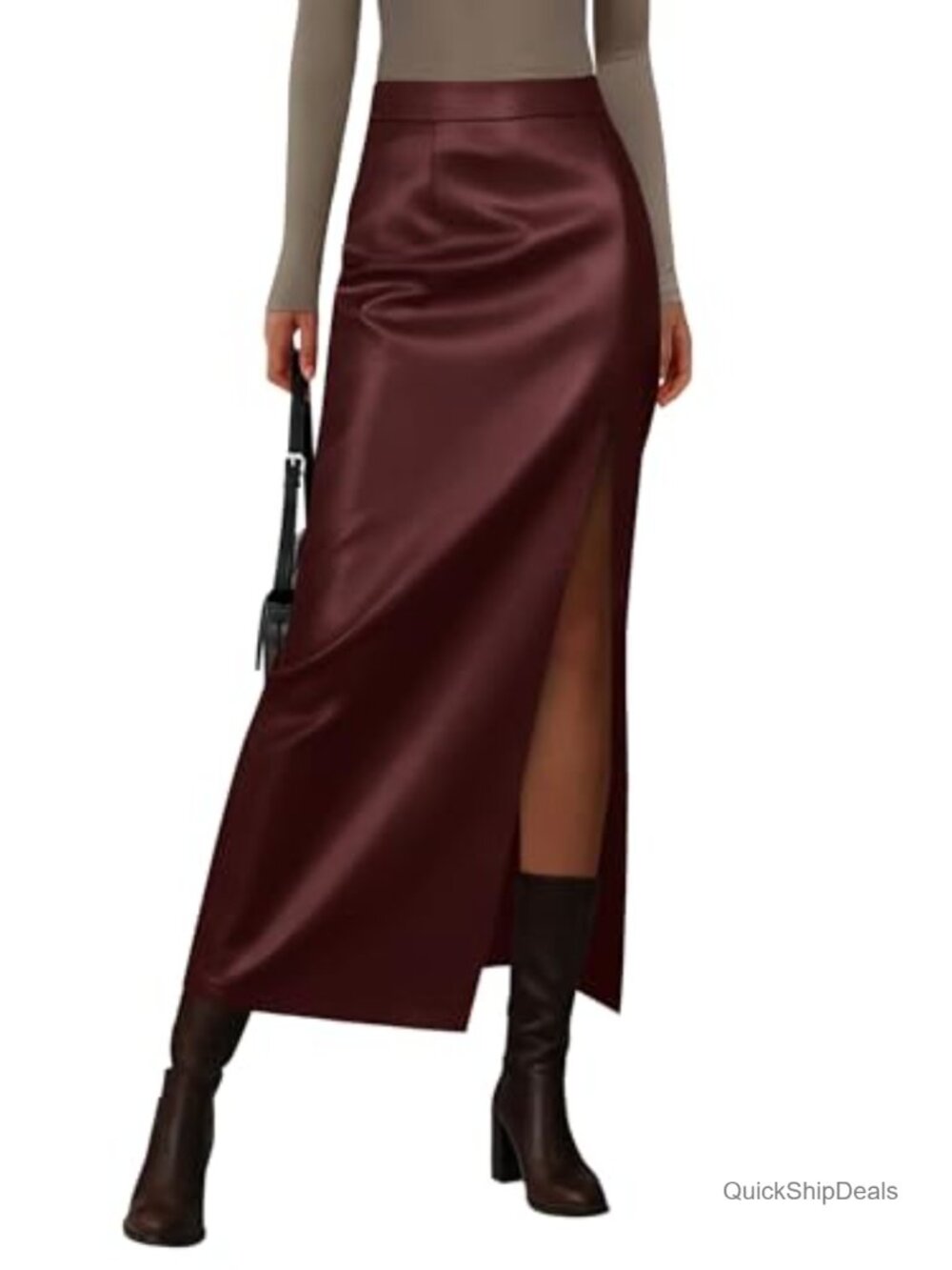 Faux Leather Long Pencil Skirt High Waist Side Slit Maxi